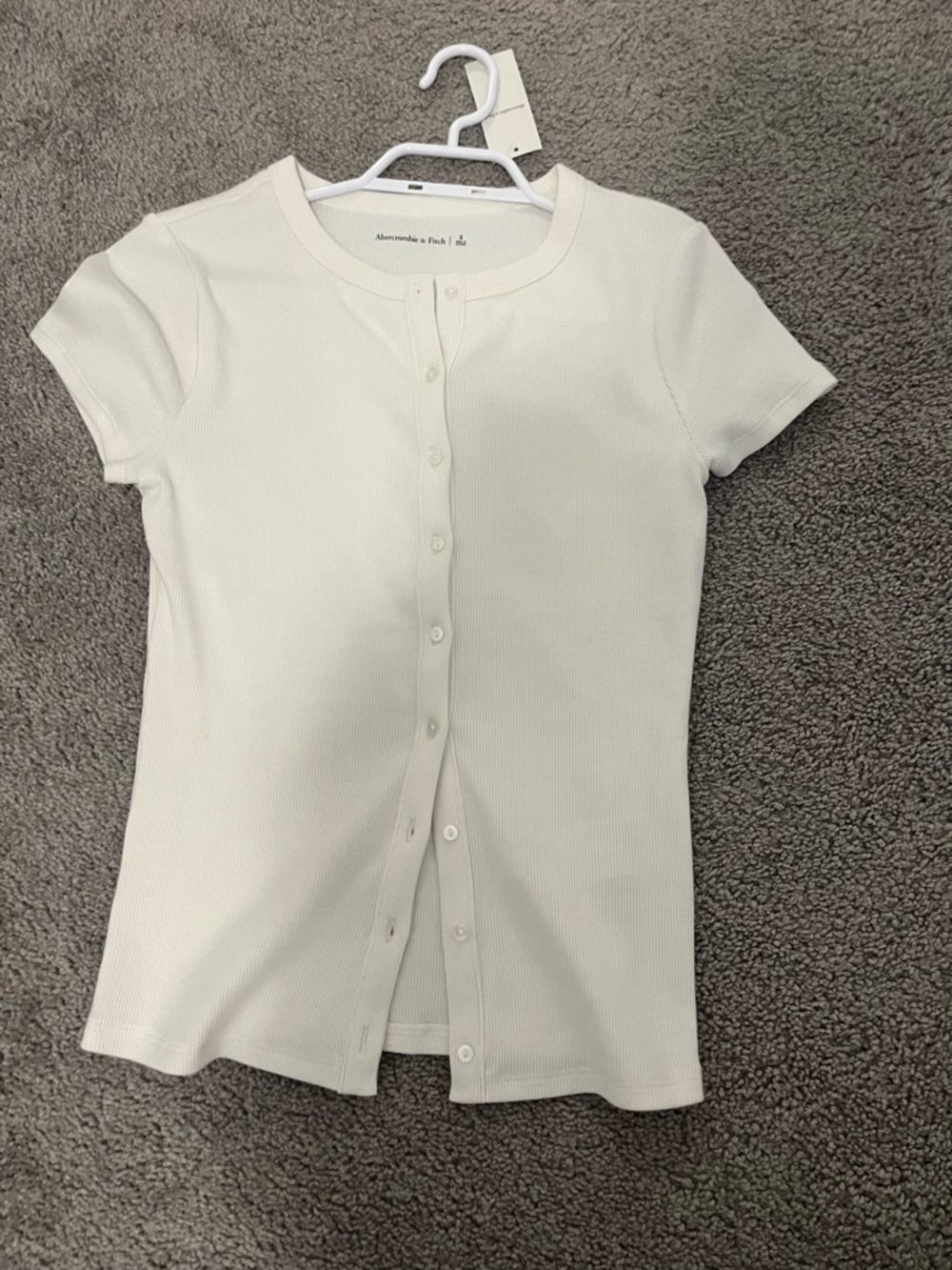 Abercrombie & Fitch Cream Ribbed Short Sleeve Button Front Top